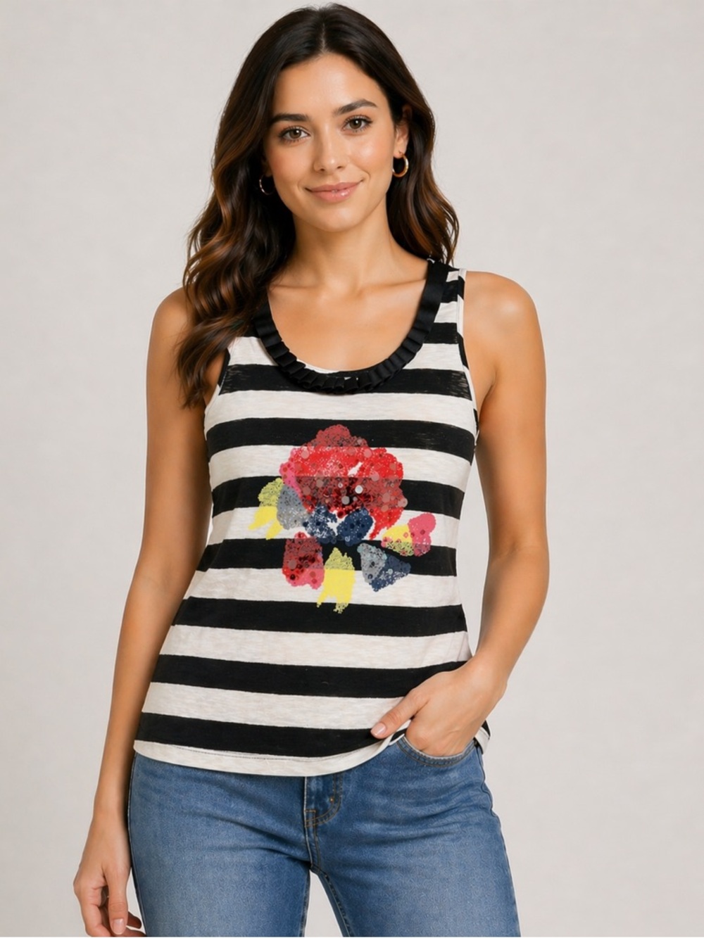 McGinn Tank Top Stripe Floral Sequin‎ Black White Ribbon Size M